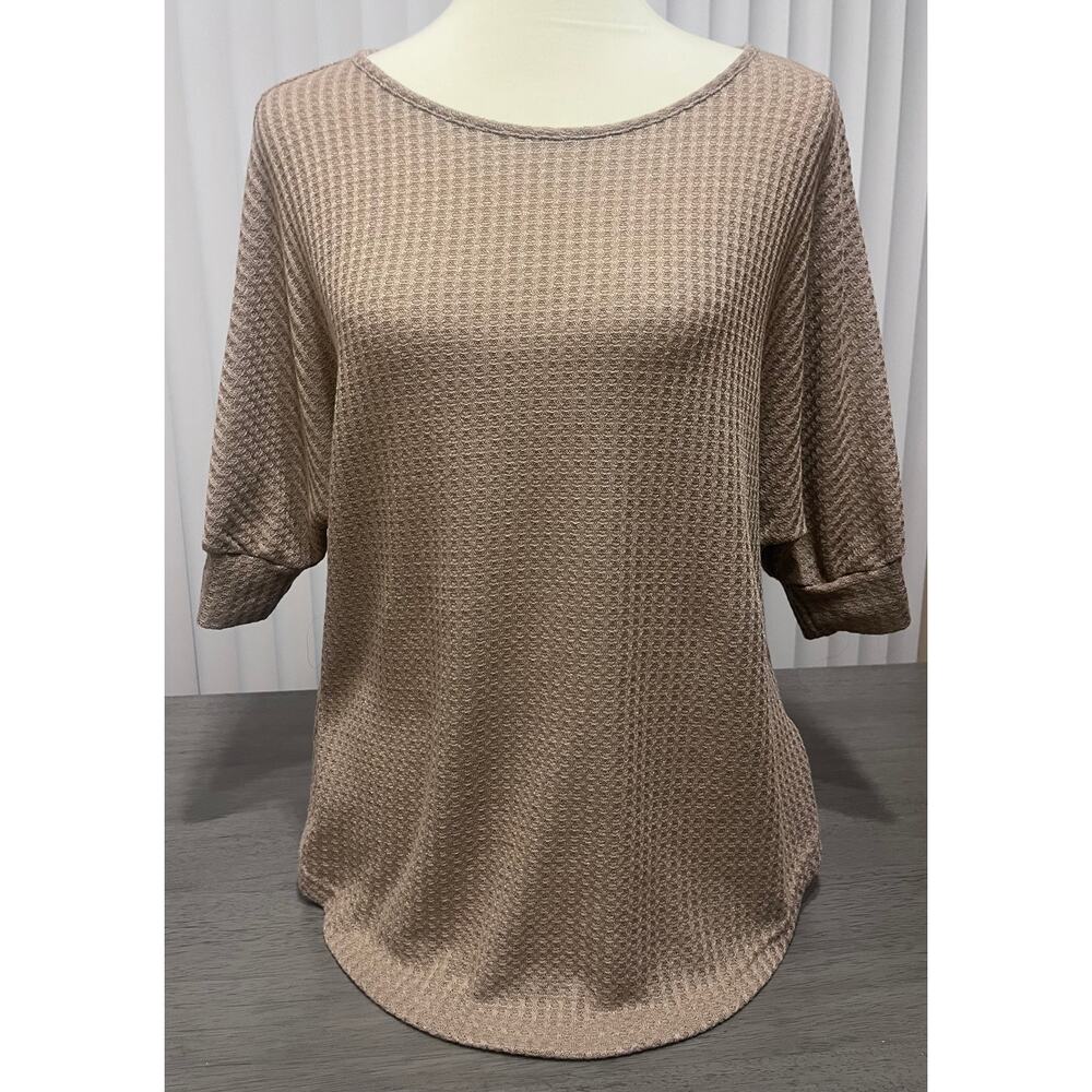 Soft Waffle-Knit Elbow Sleeve Tan Top